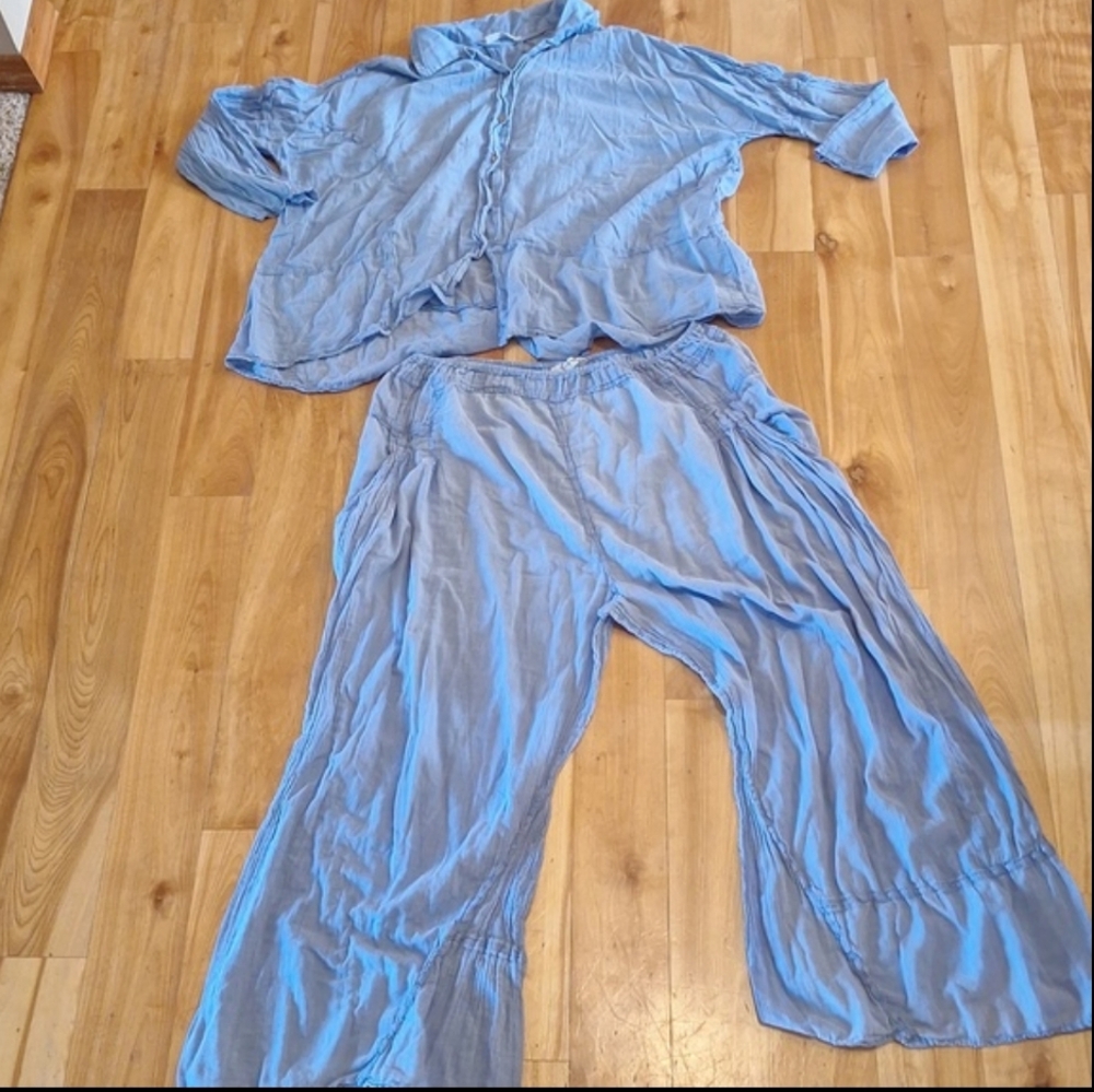 Free People Heat Of The Night 2 Piece Loungewear Set Top XS Pants L Chambray - Picture 2 of 8